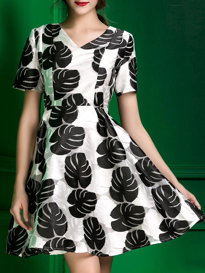 Shein White V Neck Flowers Embroidered Dress