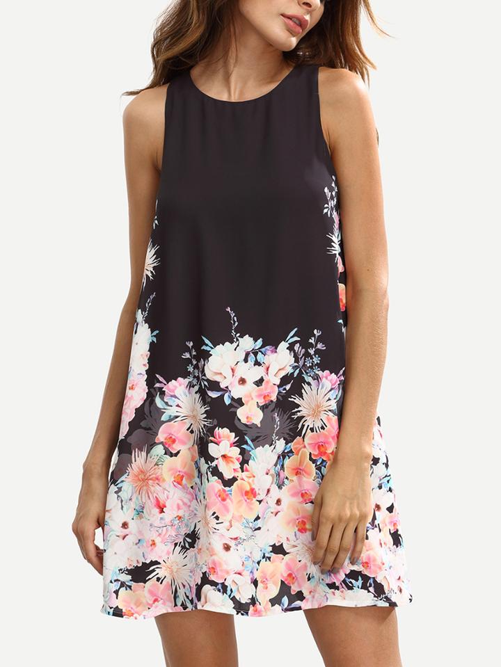 Shein Floral Print Keyhole Back Swing Tank Dress