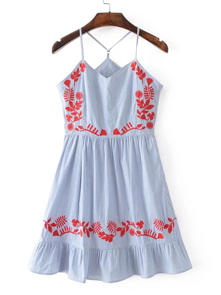 Shein Embroidery Pinstripe Ruffle Hem Cami Dress