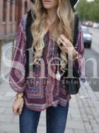 Shein Folk Print Lace Up Neck Blouse