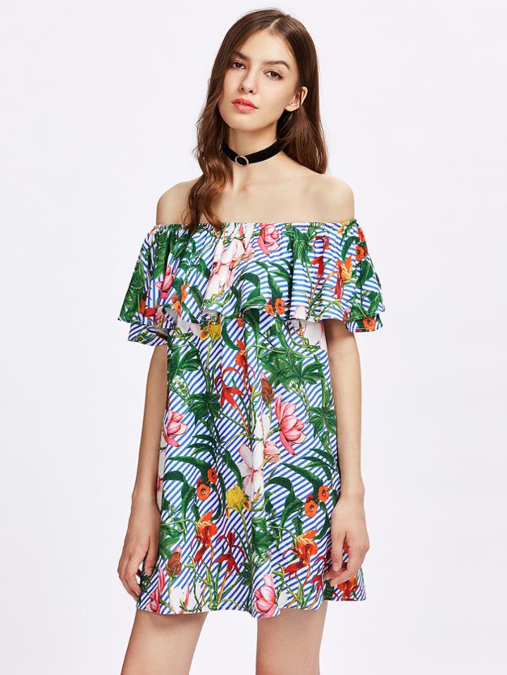 Shein Tropical Print Flounce Bardot Dress