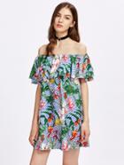 Shein Tropical Print Flounce Bardot Dress
