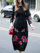 Shein Black Round Neck Length Sleeve Hollow Embroidered Dress