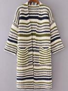 Shein Green Mixed Stripe Collarless Drop Shoulder Long Sweater Coat
