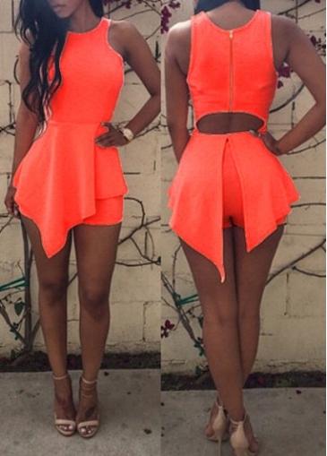 Rosewe Hollow Out Sleeveless Orange Asymmetric Romper