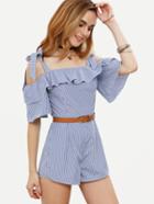 Shein Blue Striped Ruffle Bow Cold Shoulder Jumpsuit