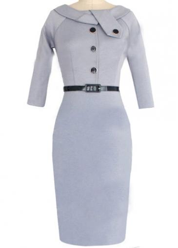 Rosewe Ol Style Button Embellished Grey Pencil Dress