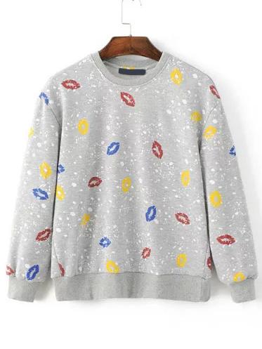 Shein Grey Lip Print Drop Shoulder Sweatshirt