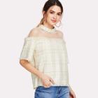 Shein Pearl Detail Raw Hem Tweed Top