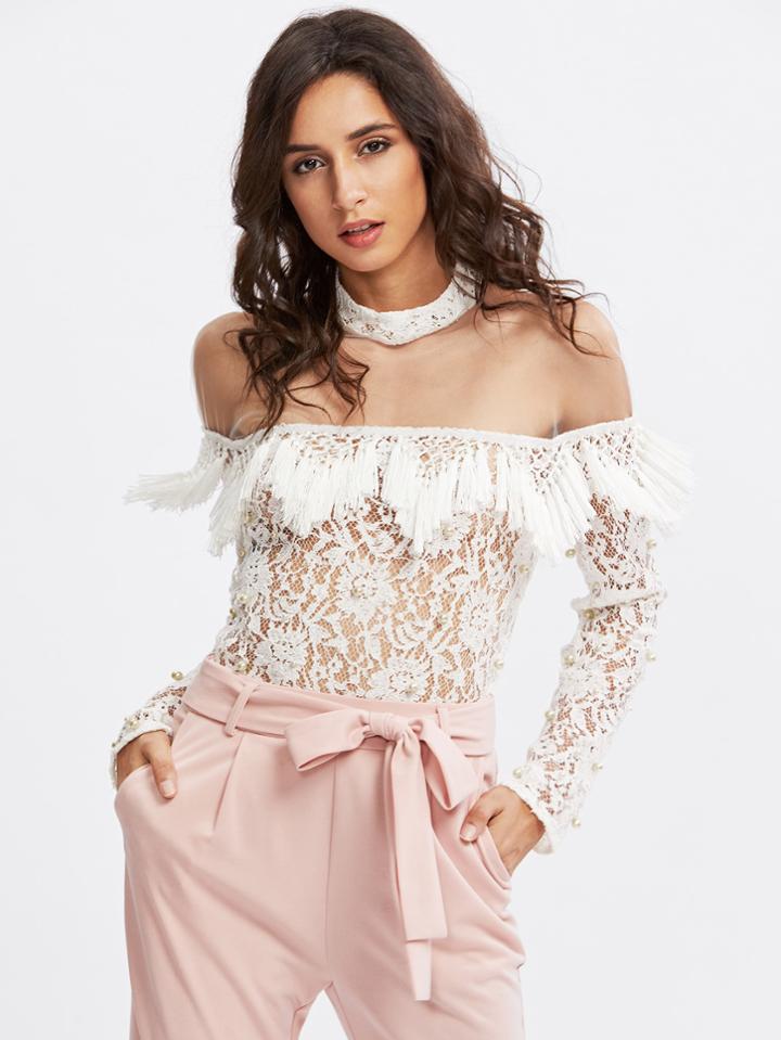 Shein Mesh Yoke Tassel Detail Beaded Lace Top