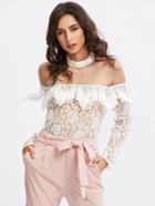 Shein Mesh Yoke Tassel Detail Beaded Lace Top