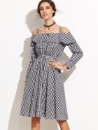 Shein Check Plaid Cold Shoulder Ruffle A-line Dress With Belt