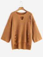 Shein Khaki Drop Shoulder Cut Out Frayed High Low Sweater