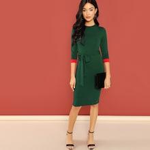 Shein Contrast Cuff Belted Pencil Dress