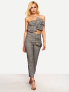 Shein Oversized Bow Bandeau Top With Pants - Grey