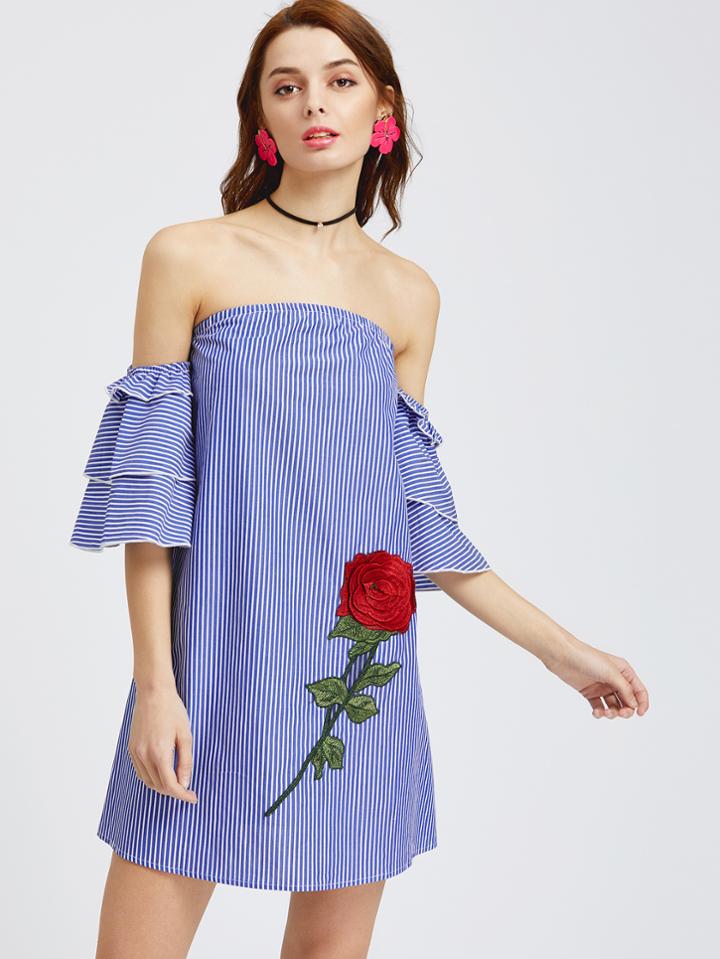Shein Blue Striped Ruffle Sleeve Off The Shoulder Dress