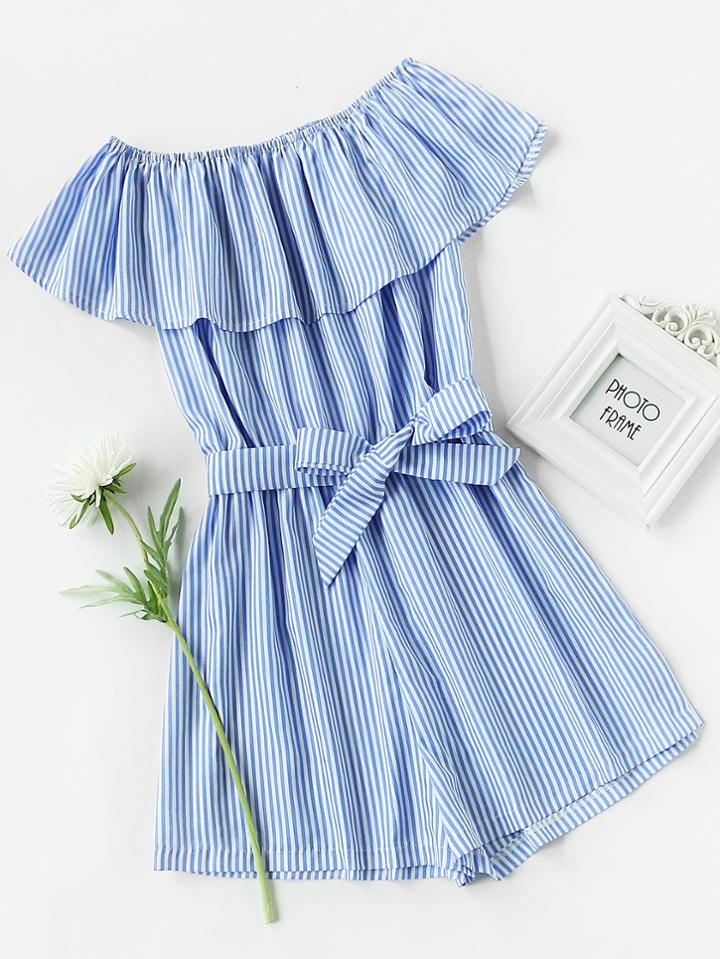 Shein Frill Bardot Self Tie Striped Romper