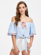 Shein Knot Front Lantern Sleeve Embroidered Bardot Top