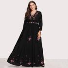 Shein Plus Lace Up Front Flower Embroidered Maxi Dress