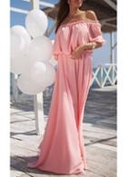 Rosewe Pink Half Sleeve Boat Neck Maxi Dress