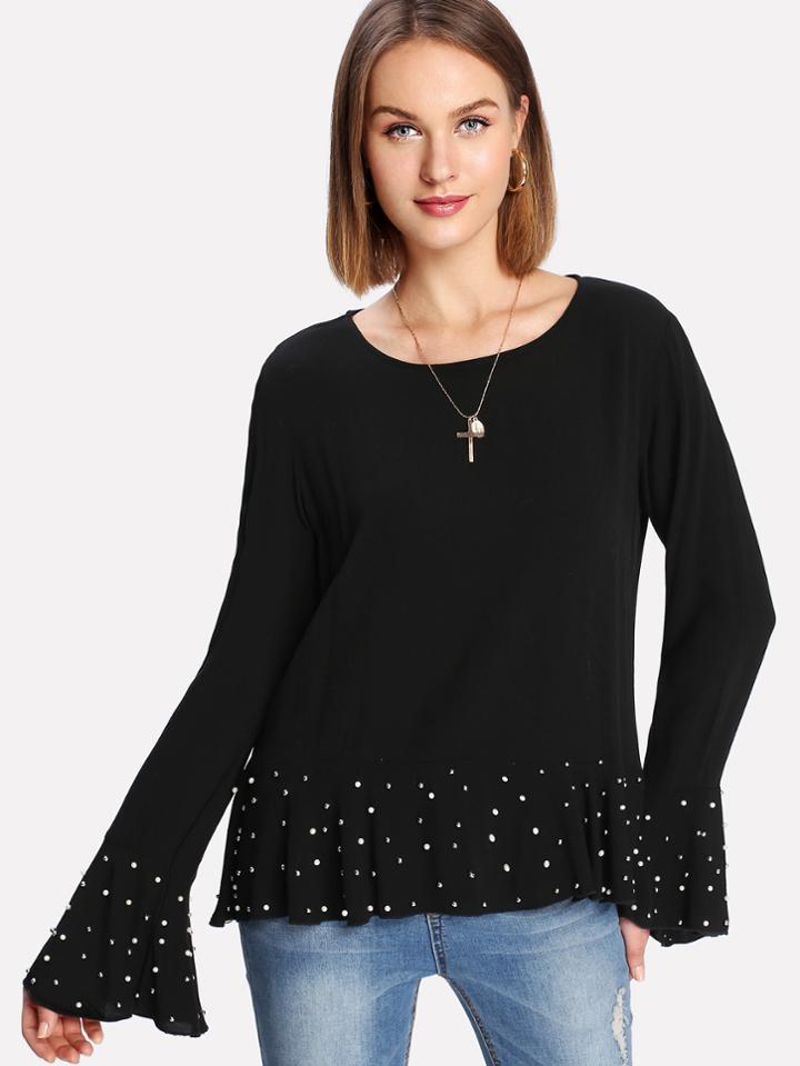 Shein Pearl Detail Ruff Cuff And Hem Top