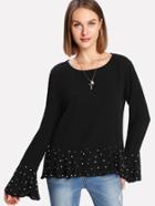 Shein Pearl Detail Ruff Cuff And Hem Top