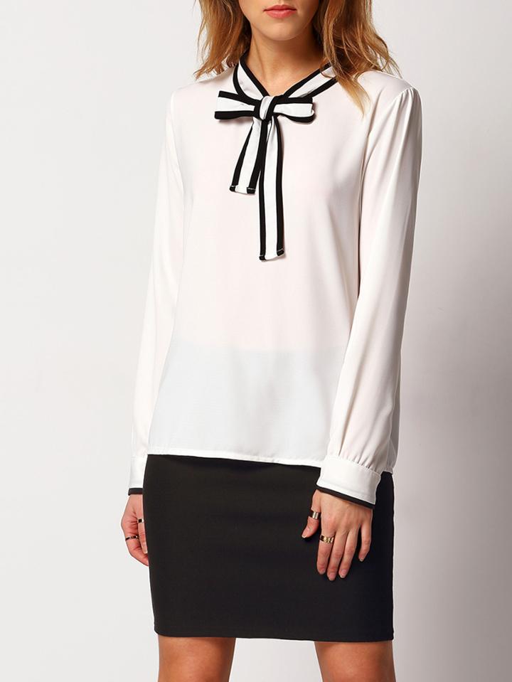 Shein White Knotted Collar Long Sleeve Blouse
