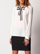 Shein White Knotted Collar Long Sleeve Blouse