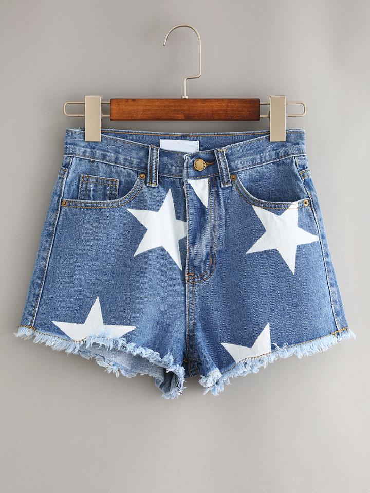Shein Blue Stars Print Fringe Denim Shorts