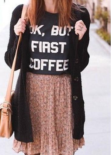 Rosewe Black Round Neck Letter Print T Shirt
