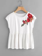 Shein Embroidered Flower Applique Cap Sleeve Frilled Smock Tee