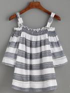 Shein White Striped Smocked Cold Shoulder Top