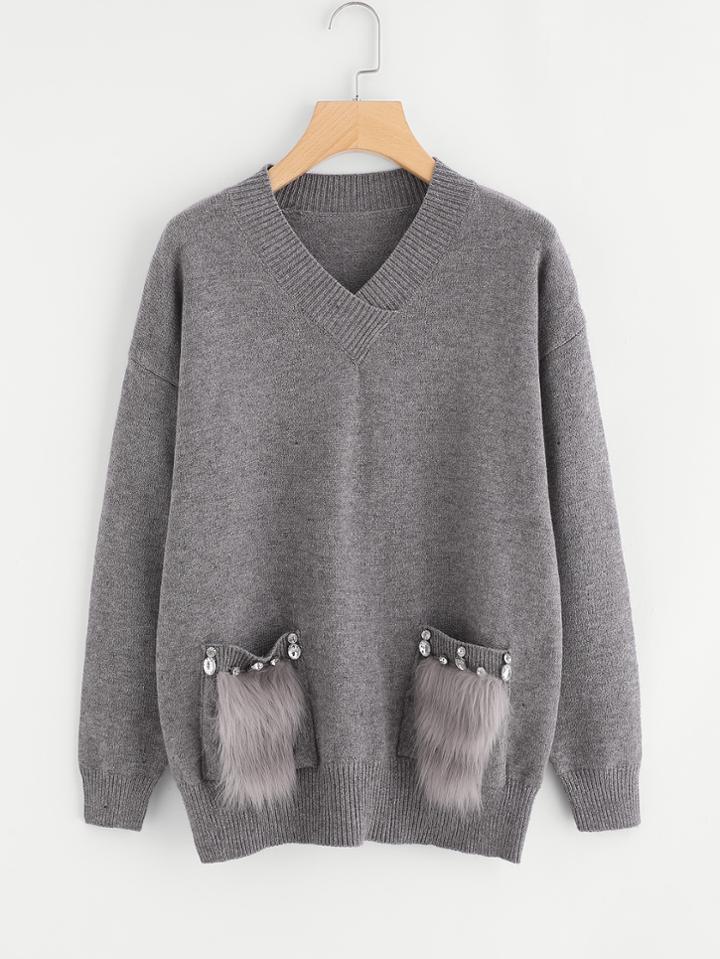 Shein Rhinestone And Faux Fur Pocket Jumper