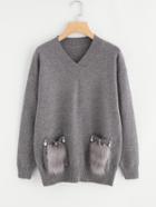 Shein Rhinestone And Faux Fur Pocket Jumper