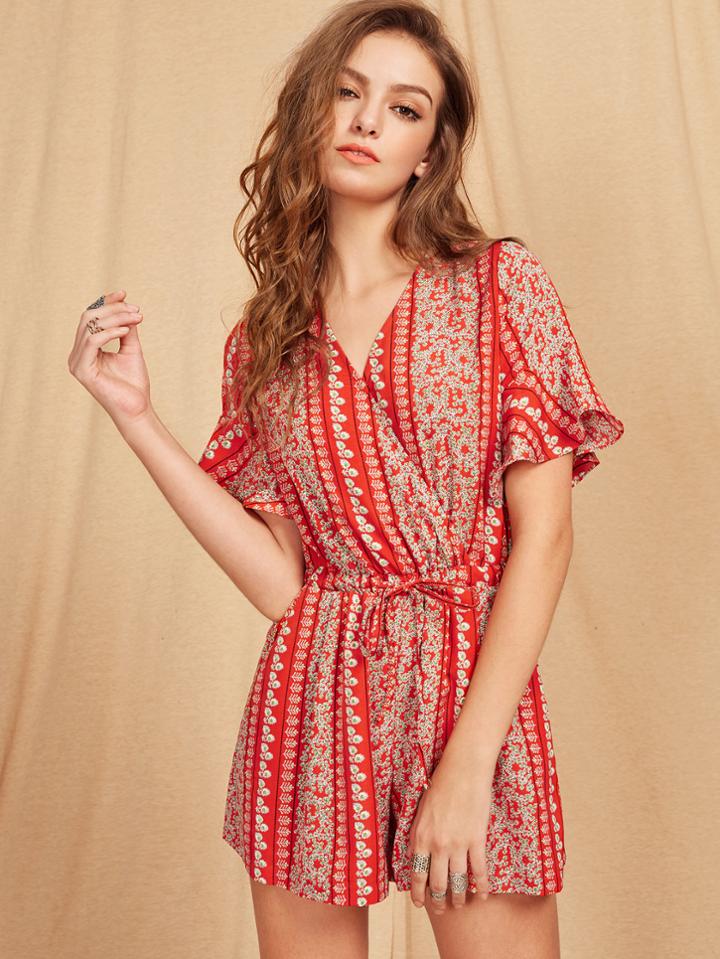 Shein Calico Print Surplice Neckline Frill Cuff Romper
