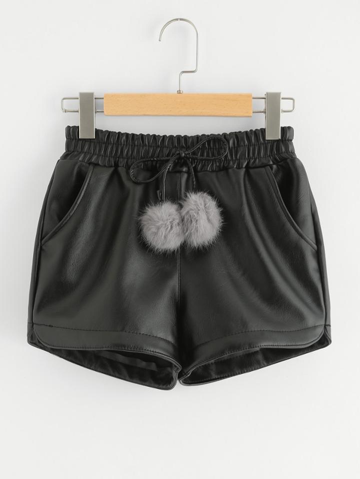Shein Faux Fur Ball Drawstring Pu Short