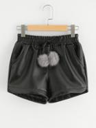 Shein Faux Fur Ball Drawstring Pu Short