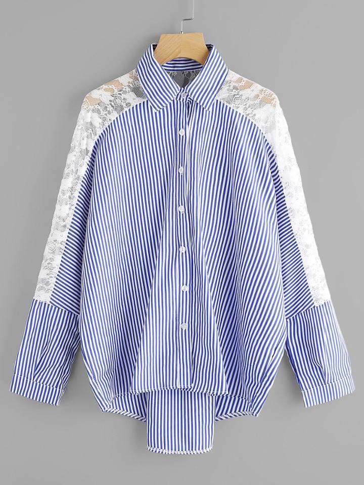 Shein Contrast Floral Lace Vertical Striped Dip Hem Shirt