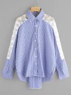 Shein Contrast Floral Lace Vertical Striped Dip Hem Shirt