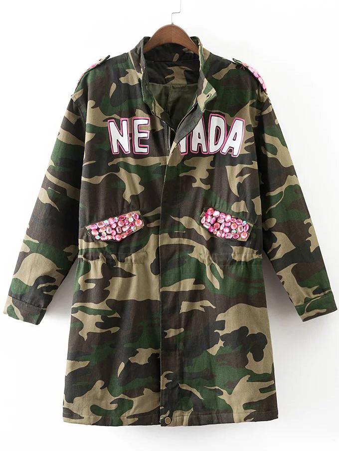 Shein Army Green Rhinestone Detail Eagle Embroidery Camouflage Coat