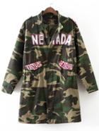 Shein Army Green Rhinestone Detail Eagle Embroidery Camouflage Coat