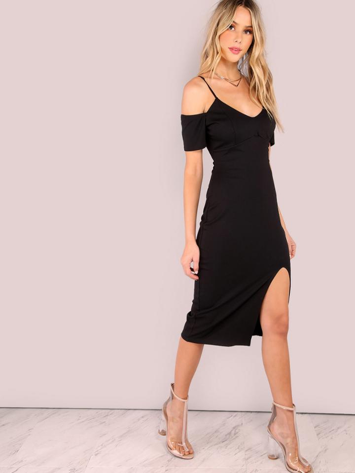 Shein V Bust Bardot Cold Shoulder Bodycon Slit Dress Black