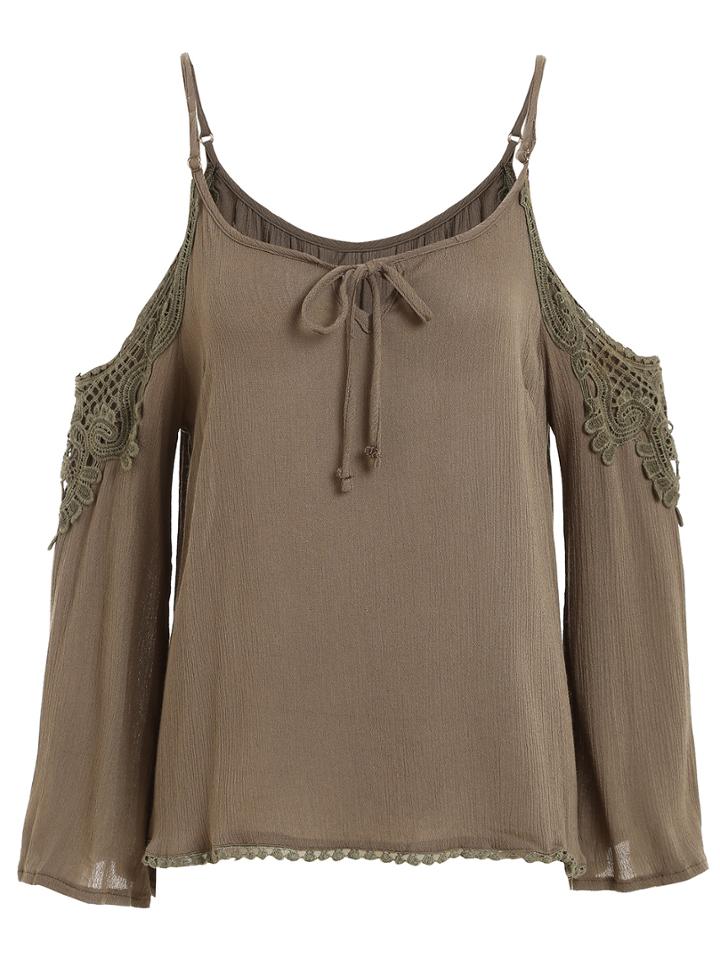 Shein Crochet Insert Tie-neck Cold Shoulder Blouse