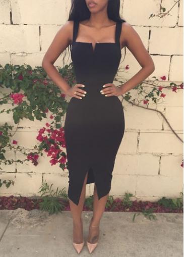 Rosewe Black Mid Calf Open Back Sheath Dress