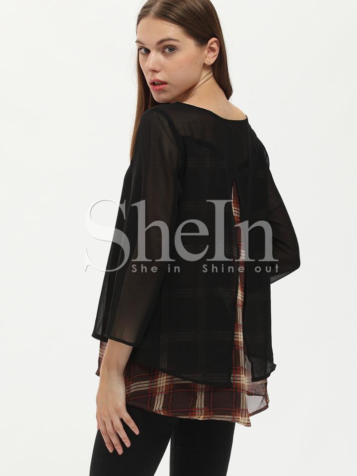 Shein Black Long Sleeve Unique Contrast Plaid Blouse