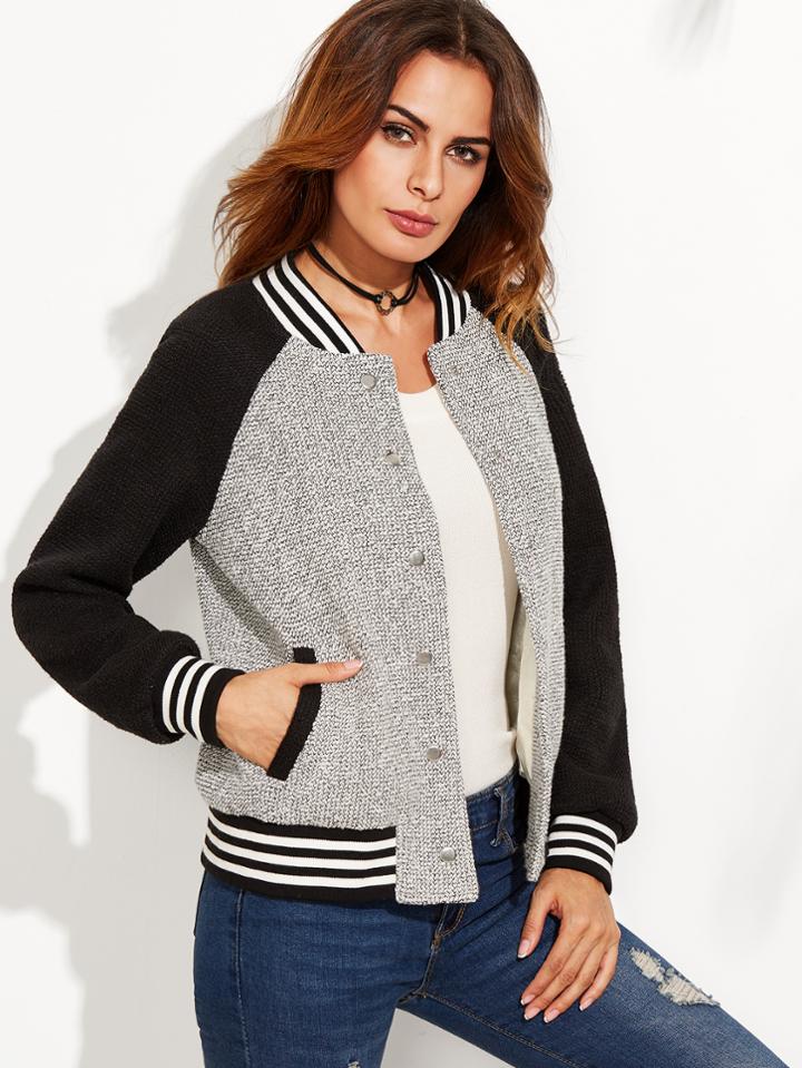 Shein Grey Contrast Raglan Sleeve Striped Trim Tweed Bomber Jacket