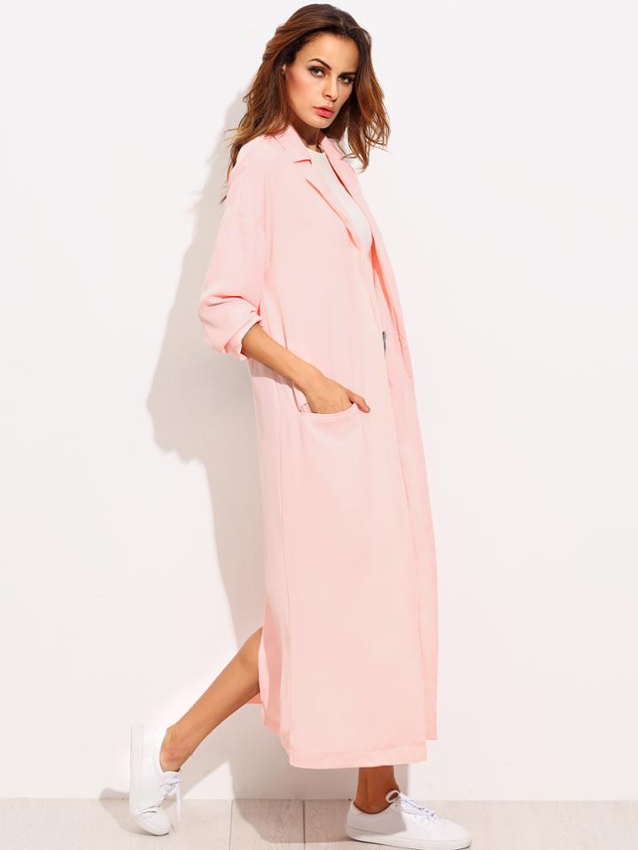 Shein Pink Lapel Pocket Split Back Long Outerwear