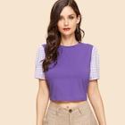 Shein Contrast Plaid Sleeve Crop Tee