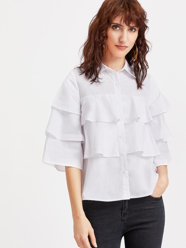 Shein White 3/4 Sleeve Layered Ruffle Blouse
