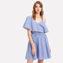 Shein Dot Lace Trim Asymmetric Shoulder Striped Dress